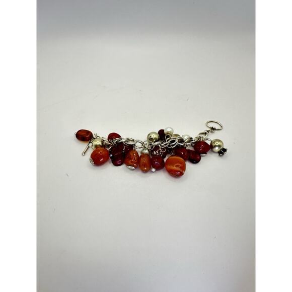 Vintage BoHo Style Silver Tone Bracelet w/ Red Agate Glass Faux Pearls 7" - Picture 2 of 8